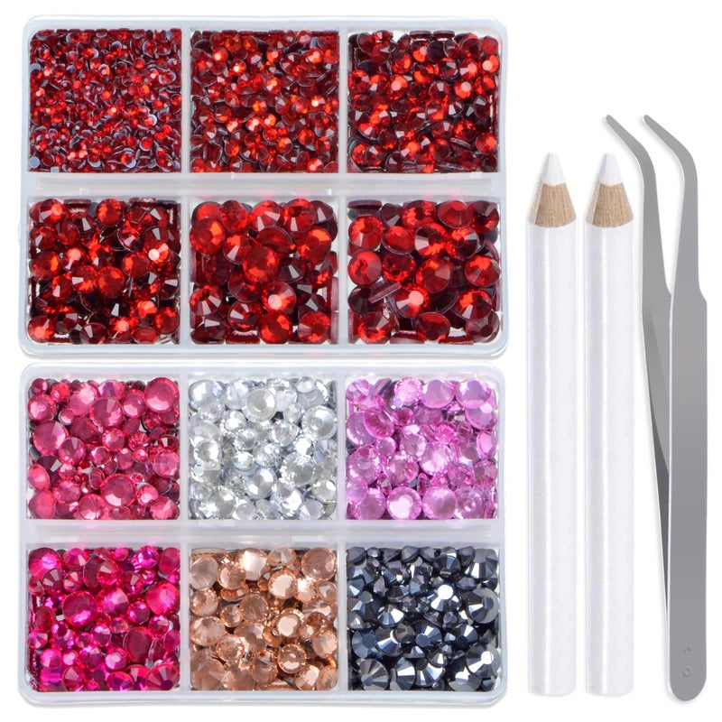 LPBeads 6400 Pieces Red and 6 Colors Hotfix Rhinestones Flat Back 5 Mixed Sizes Crystal Round Glass Gems with Tweezers and Picking Rhinestones Pen - Image 1